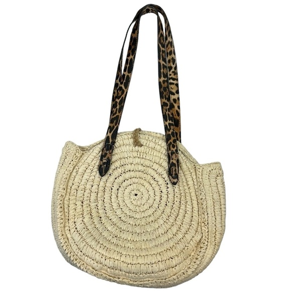 International Concepts Melania Circle Natural Tan Straw Circle Leopard Handbag - Picture 1 of 14